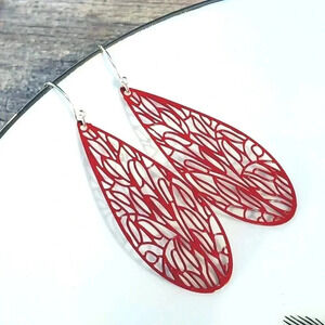 Art Nouveau Lacy Red Filigree Slim Teardrop Enamel Pendant Earrings